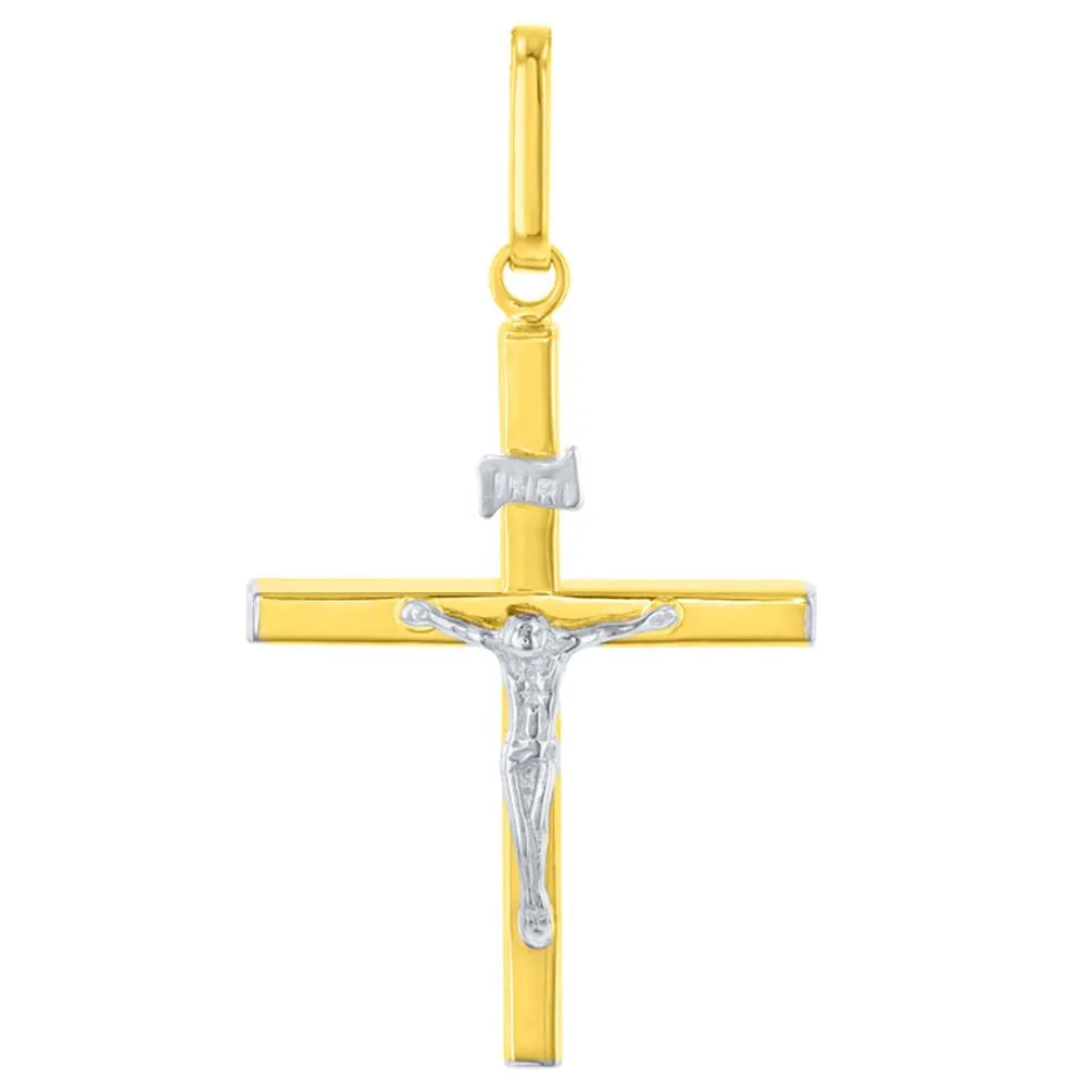 14K Two-Tone Gold Slender Cross INRI Jesus Crucifix Charm Pendant