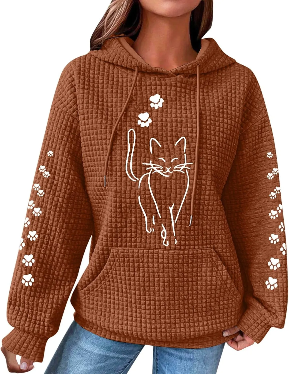 2024 Waffle Knit Hoodies for Women Cute Cat Graphic Long Sleeve Drawstring Sweatshirts Trendy Oversized Pullover Tops