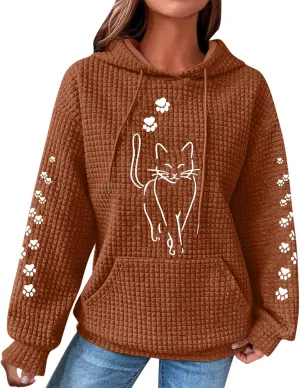 2024 Waffle Knit Hoodies for Women Cute Cat Graphic Long Sleeve Drawstring Sweatshirts Trendy Oversized Pullover Tops
