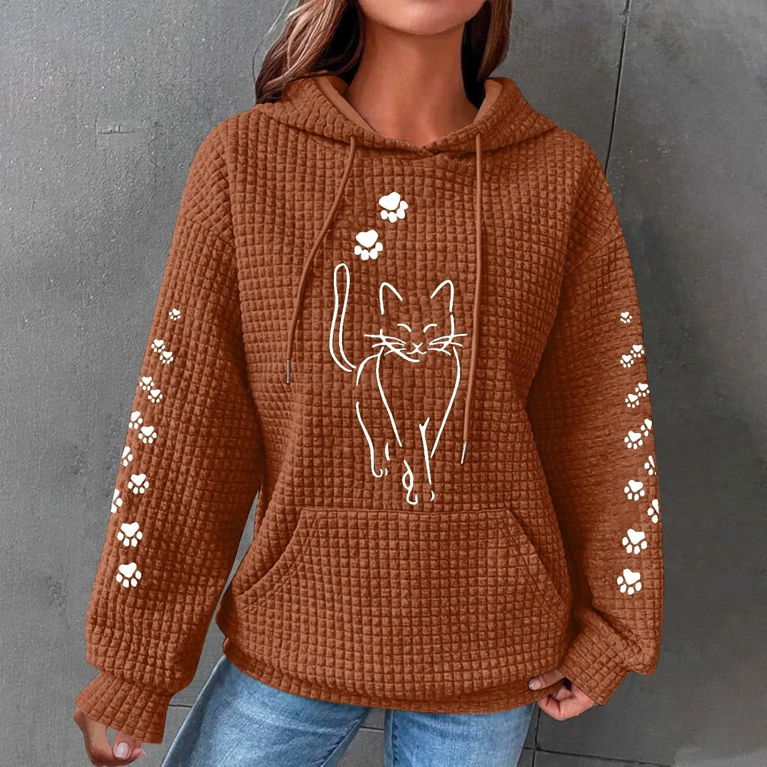 2024 Waffle Knit Hoodies for Women Cute Cat Graphic Long Sleeve Drawstring Sweatshirts Trendy Oversized Pullover Tops