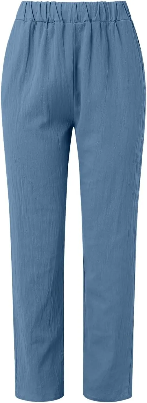 2025 Linen Pants for Women Summer High Waist Elastic Straight Leg Lounge Pant Casual Loose Lightweight Beach Trousers