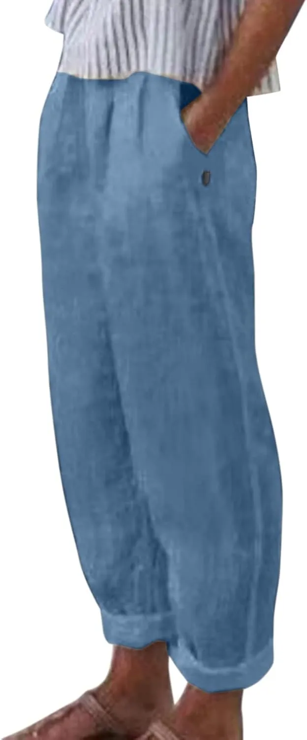 2025 Linen Pants for Women Summer High Waist Elastic Straight Leg Lounge Pant Casual Loose Lightweight Beach Trousers