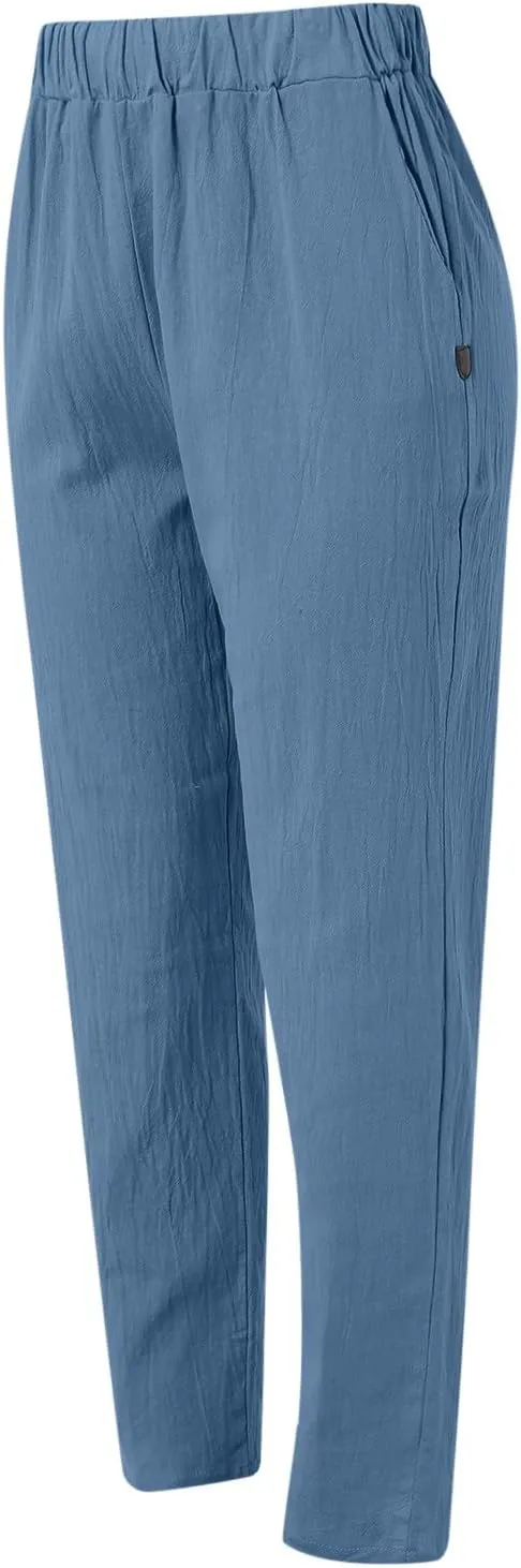 2025 Linen Pants for Women Summer High Waist Elastic Straight Leg Lounge Pant Casual Loose Lightweight Beach Trousers