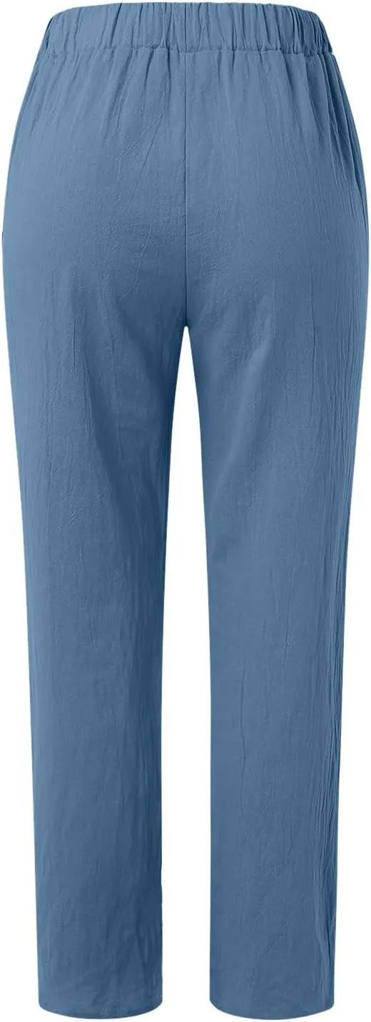 2025 Linen Pants for Women Summer High Waist Elastic Straight Leg Lounge Pant Casual Loose Lightweight Beach Trousers