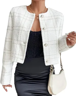 2025 Women's Spring Cropped Blazer Jacket Tweed Plaid Open Front Collarless Casual Business Office Suit Pockets