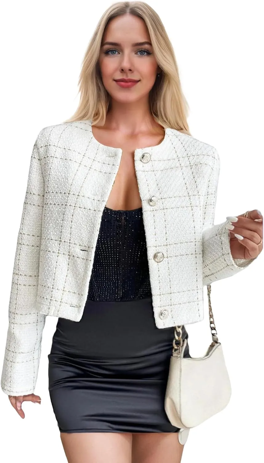 2025 Women's Spring Cropped Blazer Jacket Tweed Plaid Open Front Collarless Casual Business Office Suit Pockets