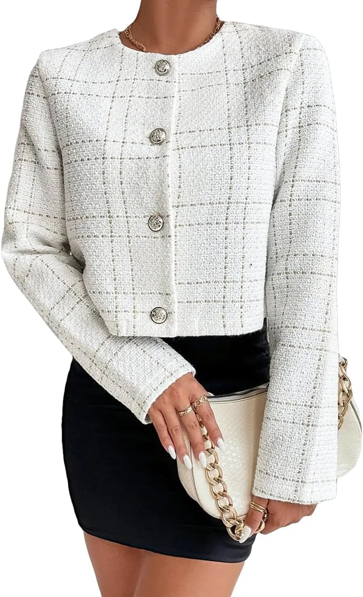 2025 Women's Spring Cropped Blazer Jacket Tweed Plaid Open Front Collarless Casual Business Office Suit Pockets