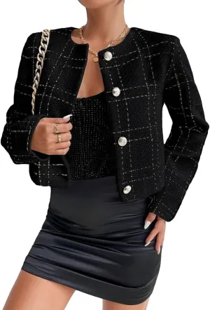 2025 Women's Spring Cropped Blazer Jacket Tweed Plaid Open Front Collarless Casual Business Office Suit Pockets