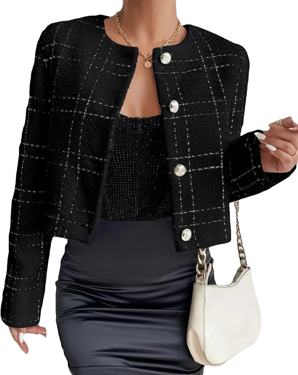 2025 Women's Spring Cropped Blazer Jacket Tweed Plaid Open Front Collarless Casual Business Office Suit Pockets