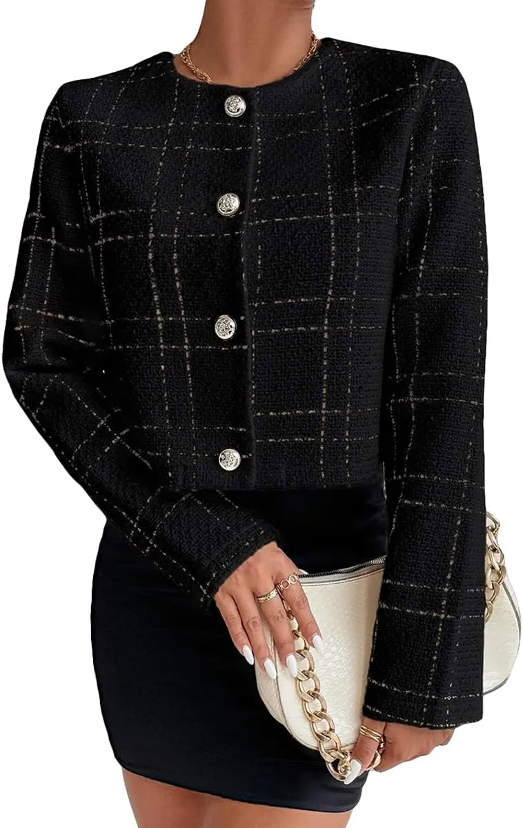 2025 Women's Spring Cropped Blazer Jacket Tweed Plaid Open Front Collarless Casual Business Office Suit Pockets