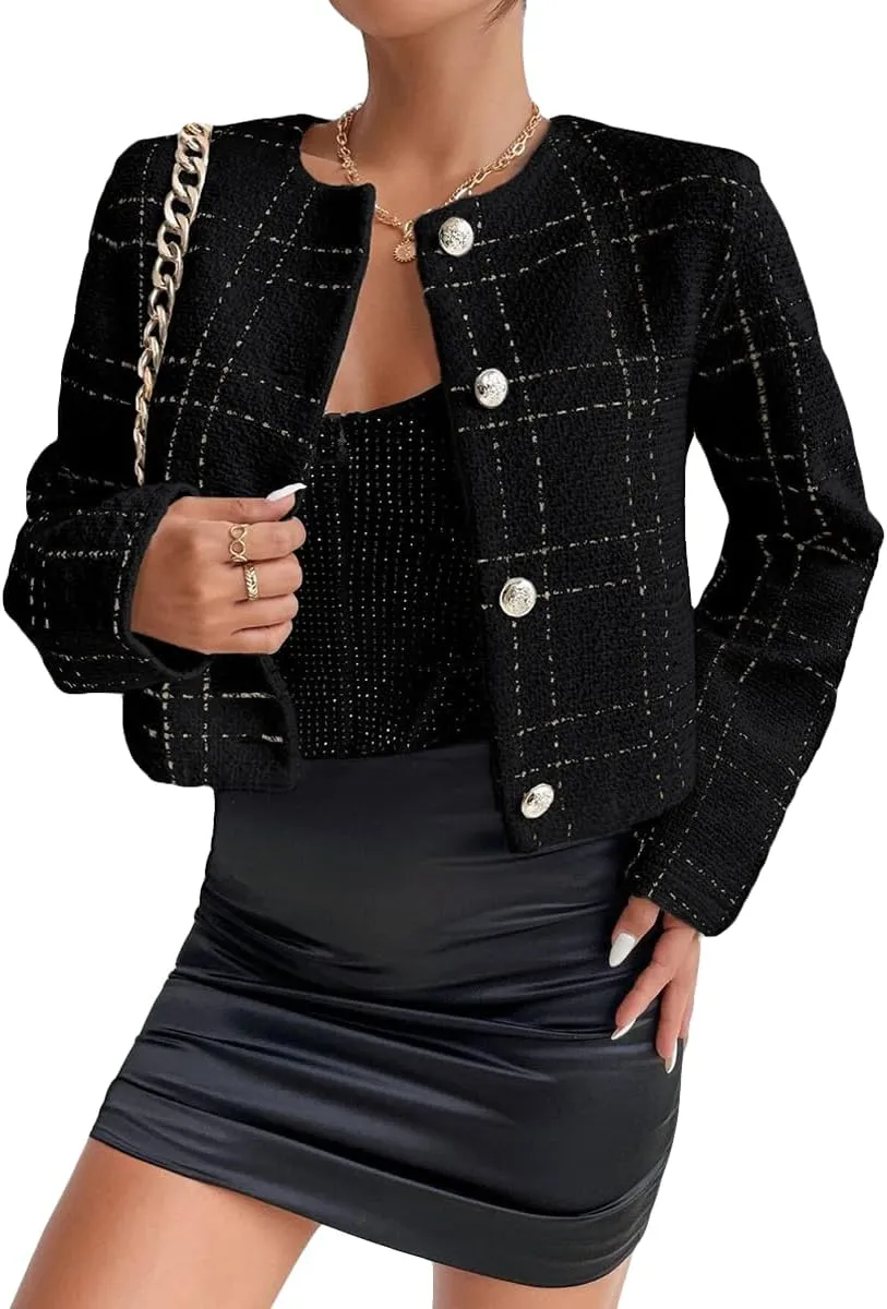 2025 Women's Spring Cropped Blazer Jacket Tweed Plaid Open Front Collarless Casual Business Office Suit Pockets