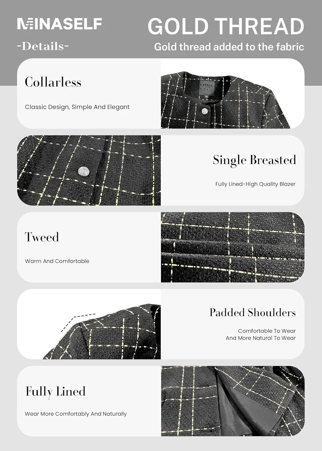 2025 Women's Spring Cropped Blazer Jacket Tweed Plaid Open Front Collarless Casual Business Office Suit Pockets