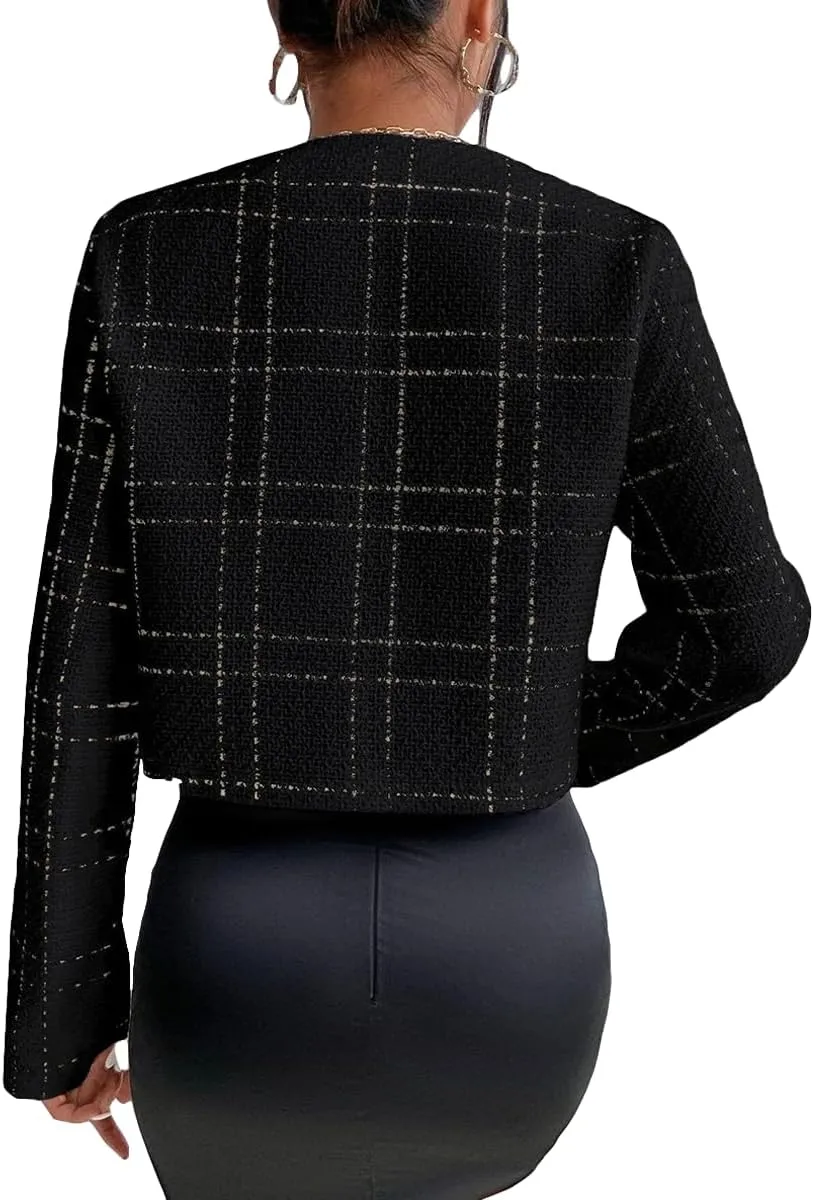 2025 Women's Spring Cropped Blazer Jacket Tweed Plaid Open Front Collarless Casual Business Office Suit Pockets