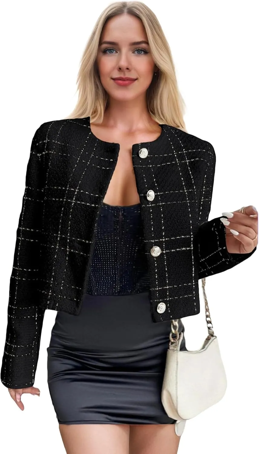 2025 Women's Spring Cropped Blazer Jacket Tweed Plaid Open Front Collarless Casual Business Office Suit Pockets