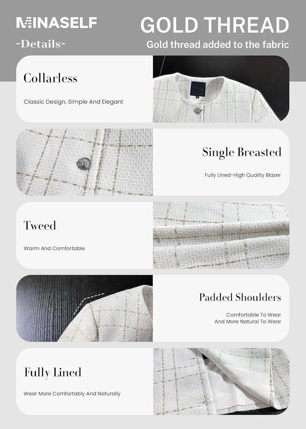 2025 Women's Spring Cropped Blazer Jacket Tweed Plaid Open Front Collarless Casual Business Office Suit Pockets