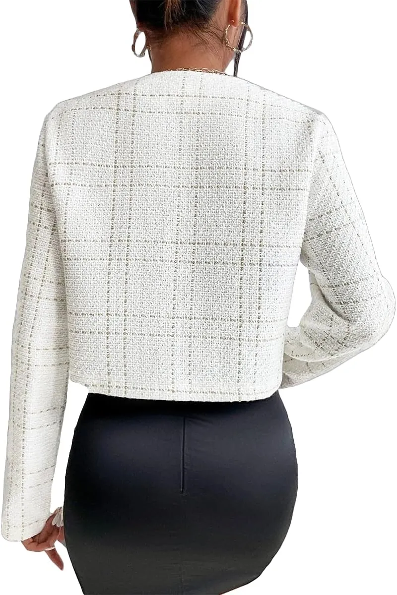 2025 Women's Spring Cropped Blazer Jacket Tweed Plaid Open Front Collarless Casual Business Office Suit Pockets