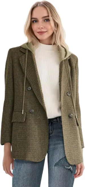 2025 Women's Spring Hooded Blazer Jacket Double-Breasted Oversize Loose Fully-Lined Work Office Suit with Pockets