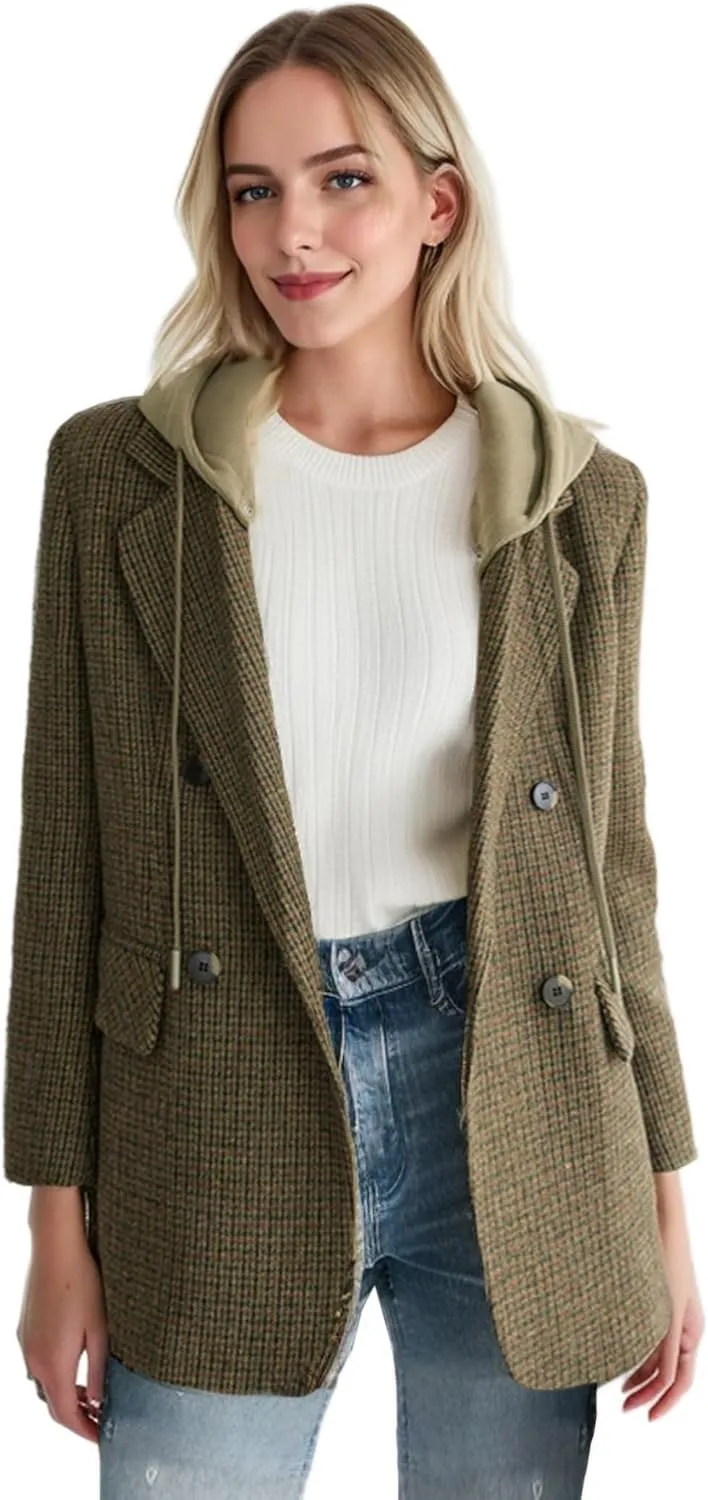 2025 Women's Spring Hooded Blazer Jacket Double-Breasted Oversize Loose Fully-Lined Work Office Suit with Pockets