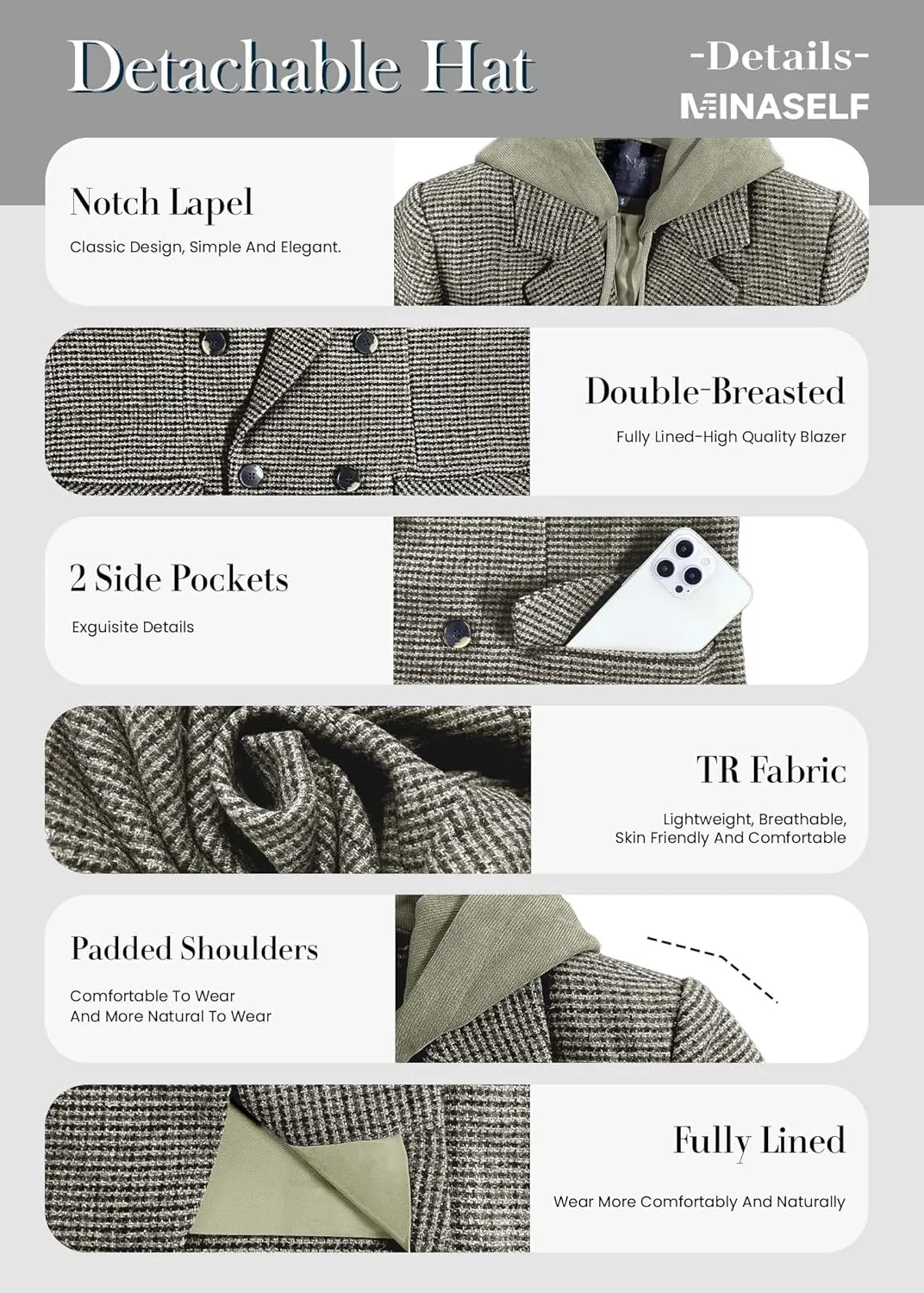 2025 Women's Spring Hooded Blazer Jacket Double-Breasted Oversize Loose Fully-Lined Work Office Suit with Pockets
