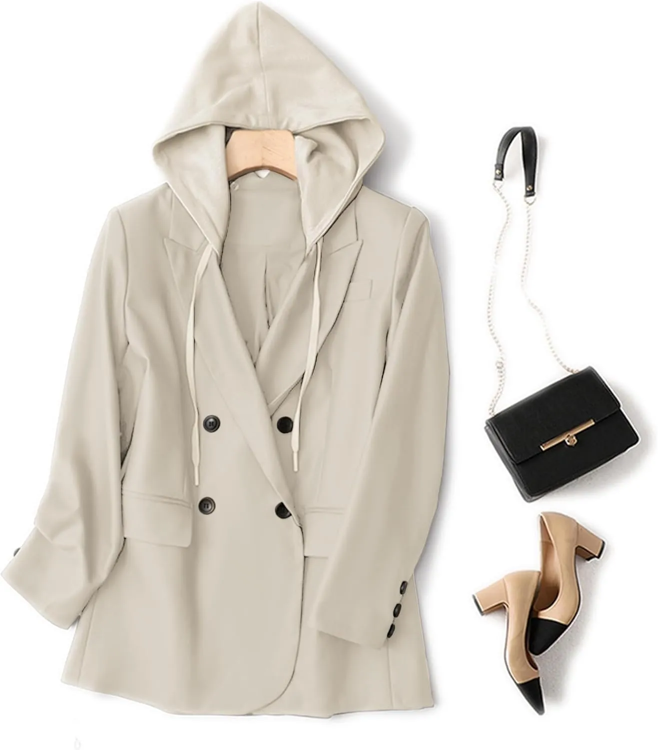 2025 Women's Spring Hooded Blazer Jacket Double-Breasted Oversize Loose Fully-Lined Work Office Suit with Pockets