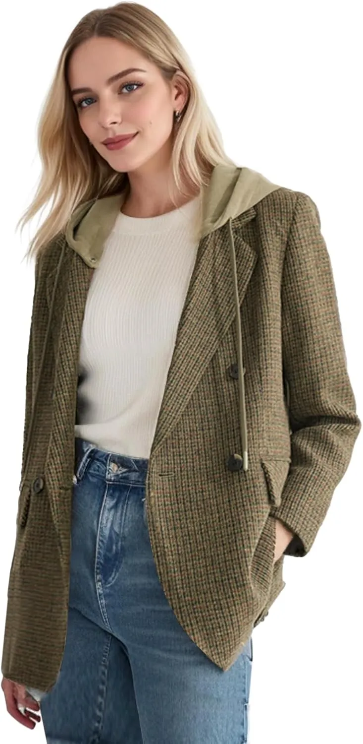 2025 Women's Spring Hooded Blazer Jacket Double-Breasted Oversize Loose Fully-Lined Work Office Suit with Pockets
