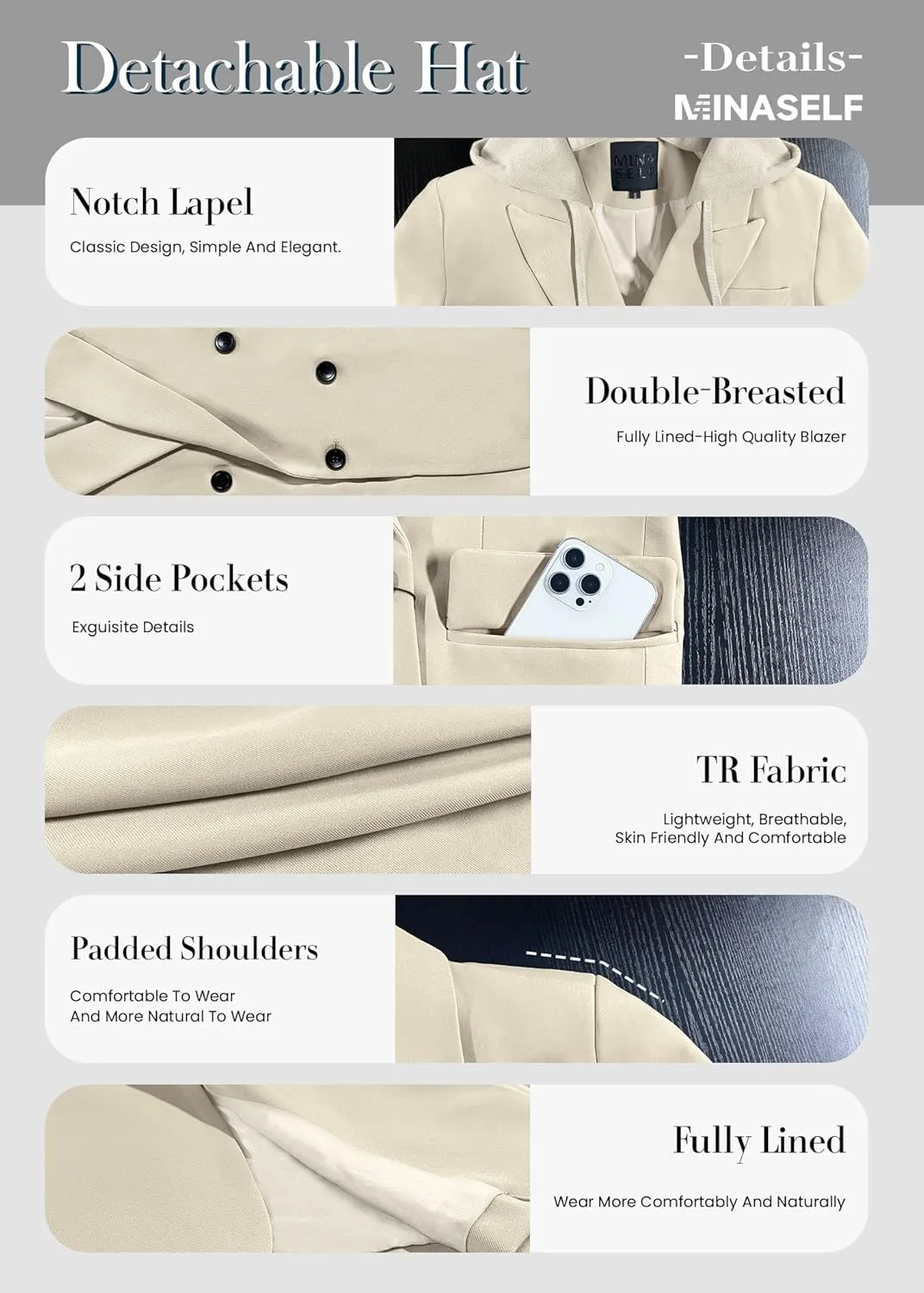 2025 Women's Spring Hooded Blazer Jacket Double-Breasted Oversize Loose Fully-Lined Work Office Suit with Pockets