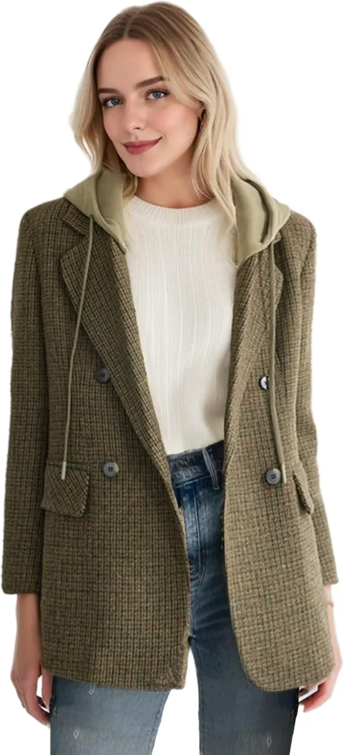 2025 Women's Spring Hooded Blazer Jacket Double-Breasted Oversize Loose Fully-Lined Work Office Suit with Pockets