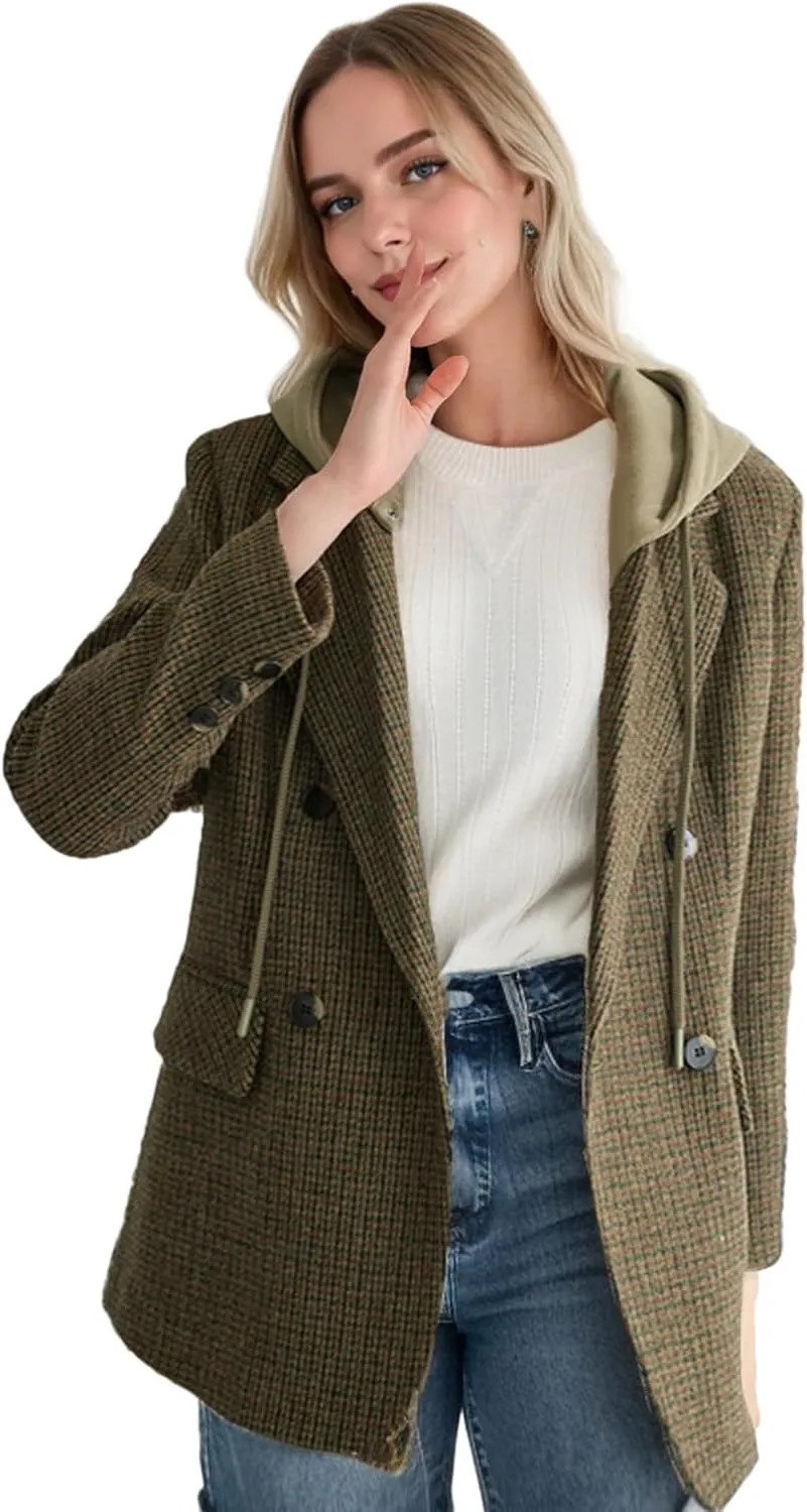 2025 Women's Spring Hooded Blazer Jacket Double-Breasted Oversize Loose Fully-Lined Work Office Suit with Pockets