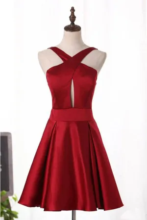 A Line Unique Burgundy Satin Short Homecoming Dresses