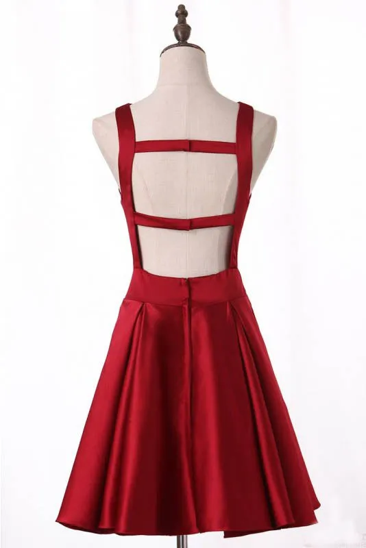 A Line Unique Burgundy Satin Short Homecoming Dresses