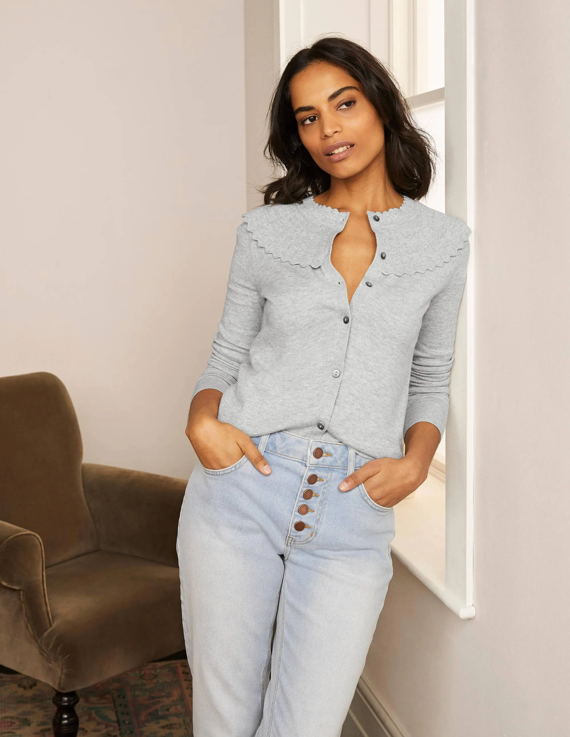 Abercorn Scallop Cardigan-Grey Melange