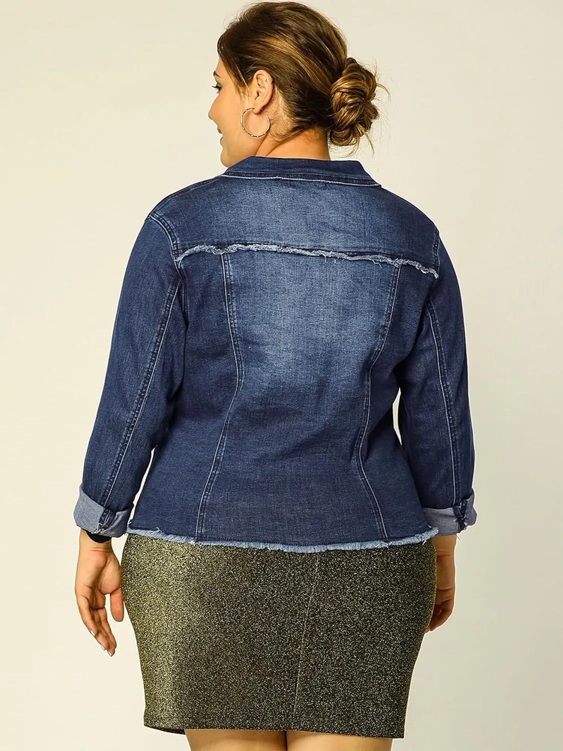 Agnes Orinda Women's Plus Size Classic Washed Front Frayed Denim Jacket