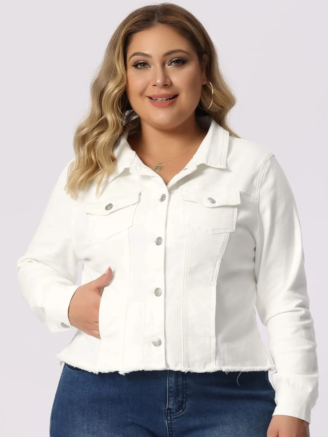 Agnes Orinda Women's Plus Size Classic Washed Front Frayed Denim Jacket