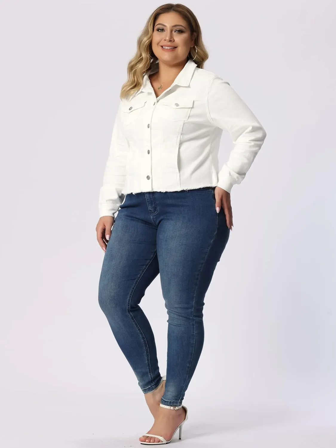 Agnes Orinda Women's Plus Size Classic Washed Front Frayed Denim Jacket