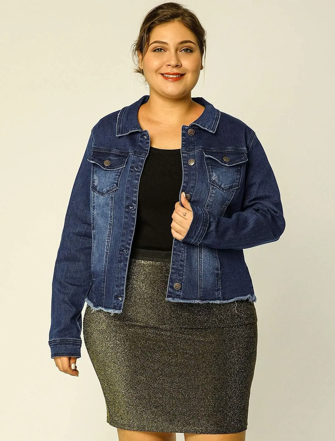 Agnes Orinda Women's Plus Size Classic Washed Front Frayed Denim Jacket