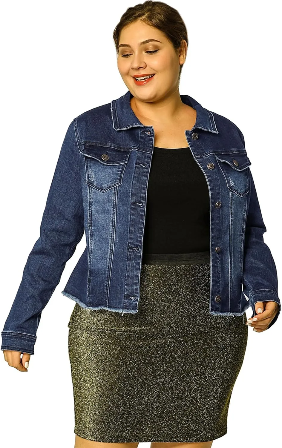 Agnes Orinda Women's Plus Size Classic Washed Front Frayed Denim Jacket