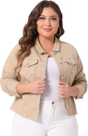 Agnes Orinda Women's Plus Size Classic Washed Front Frayed Denim Jacket