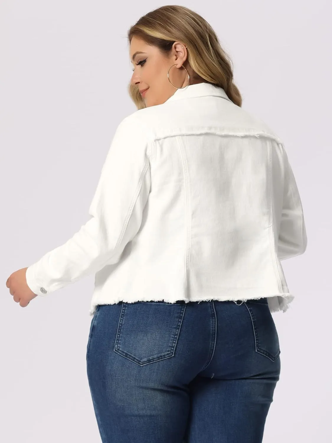 Agnes Orinda Women's Plus Size Classic Washed Front Frayed Denim Jacket