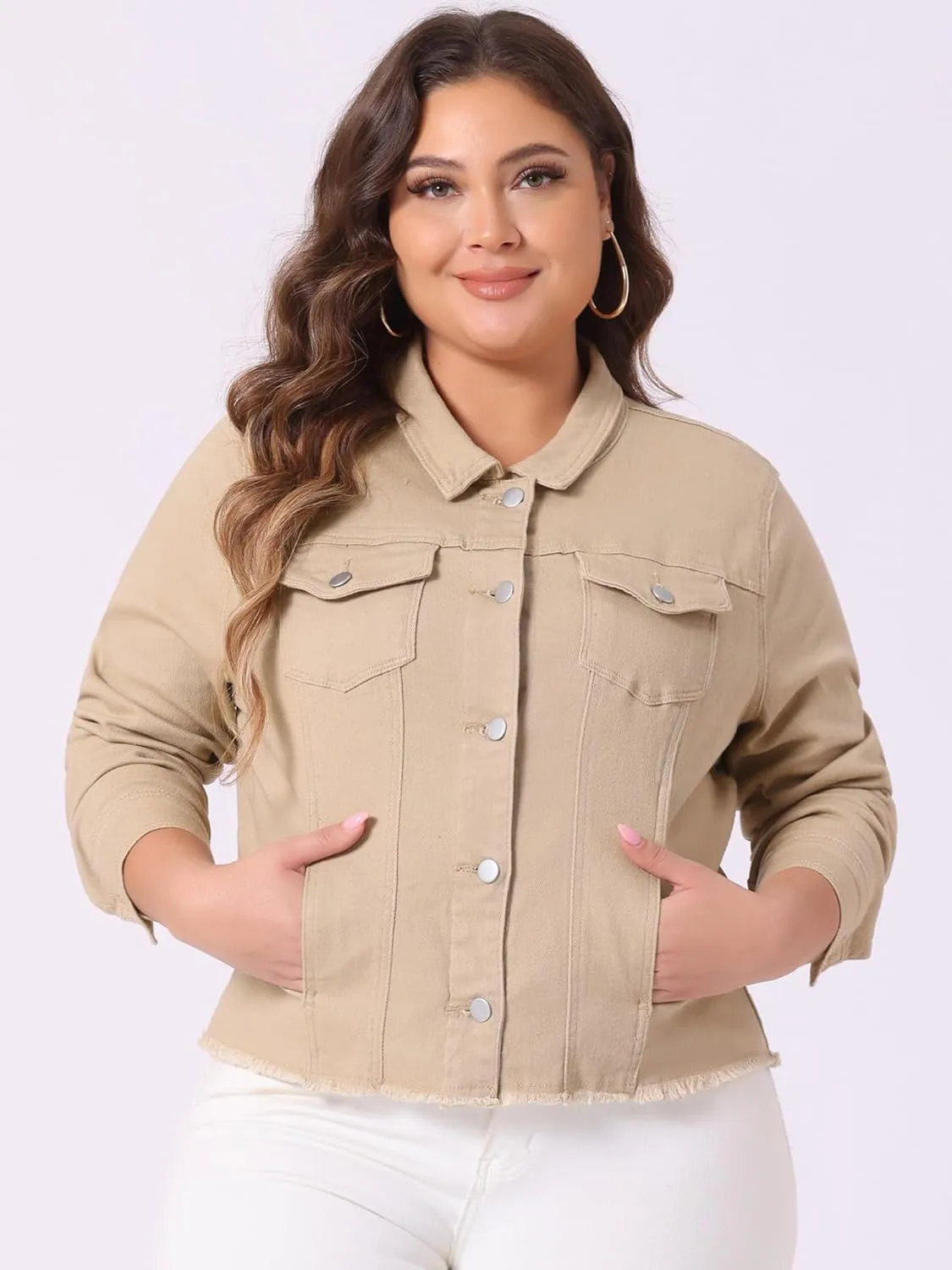 Agnes Orinda Women's Plus Size Classic Washed Front Frayed Denim Jacket