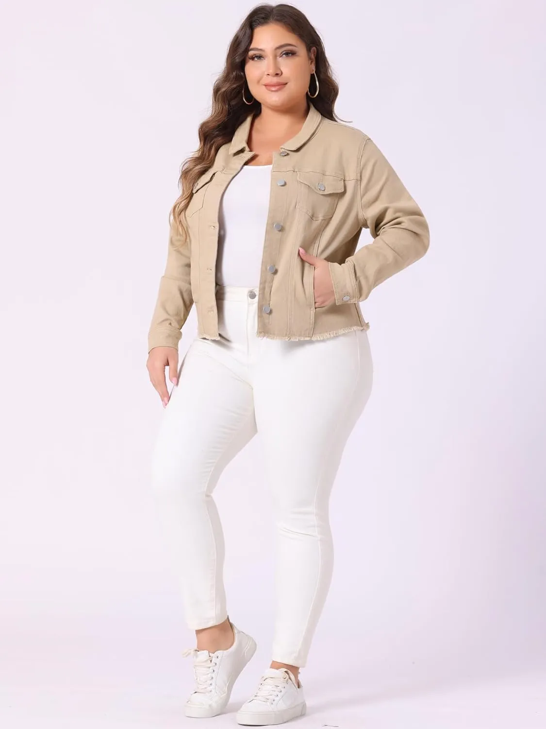 Agnes Orinda Women's Plus Size Classic Washed Front Frayed Denim Jacket