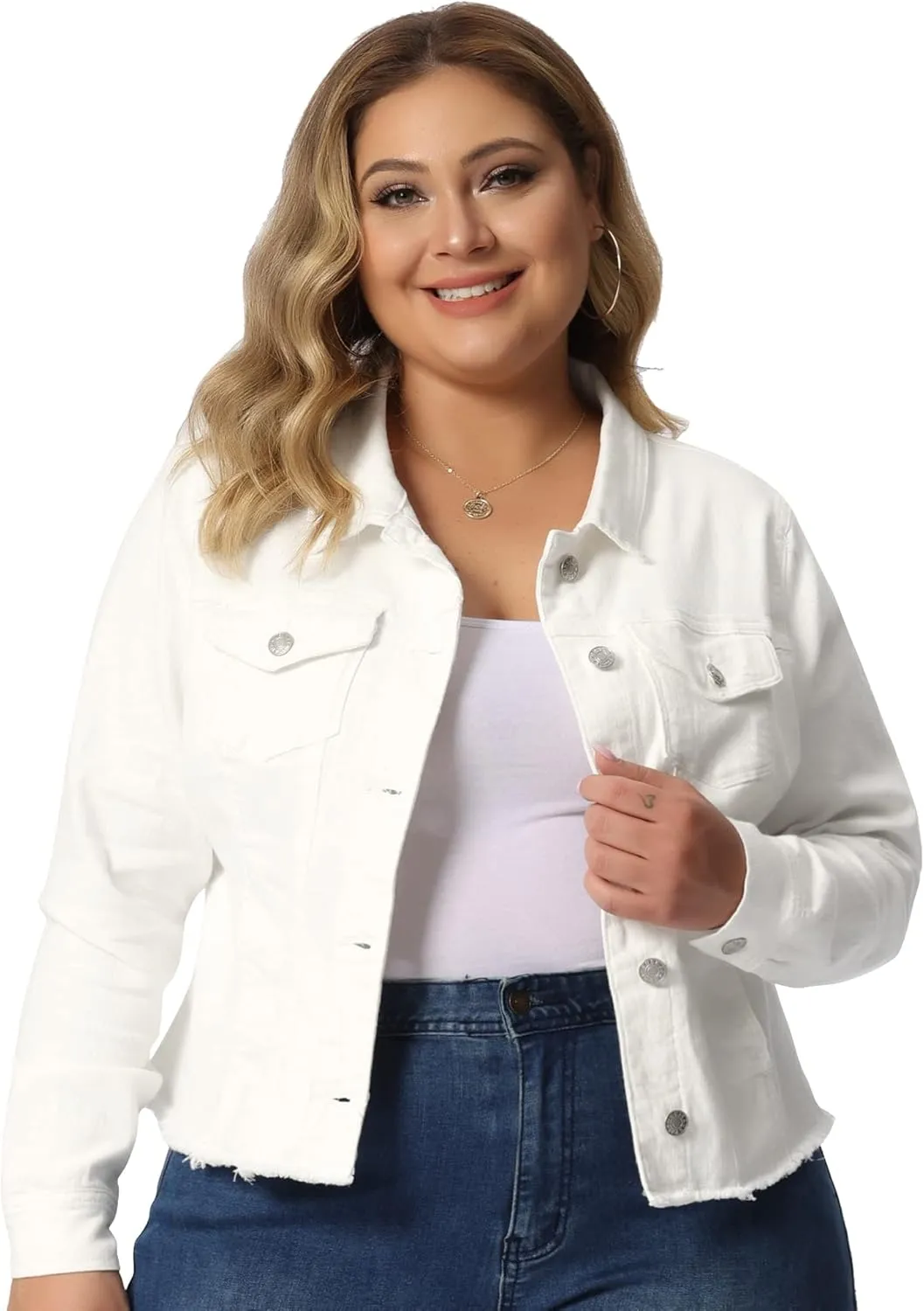 Agnes Orinda Women's Plus Size Classic Washed Front Frayed Denim Jacket