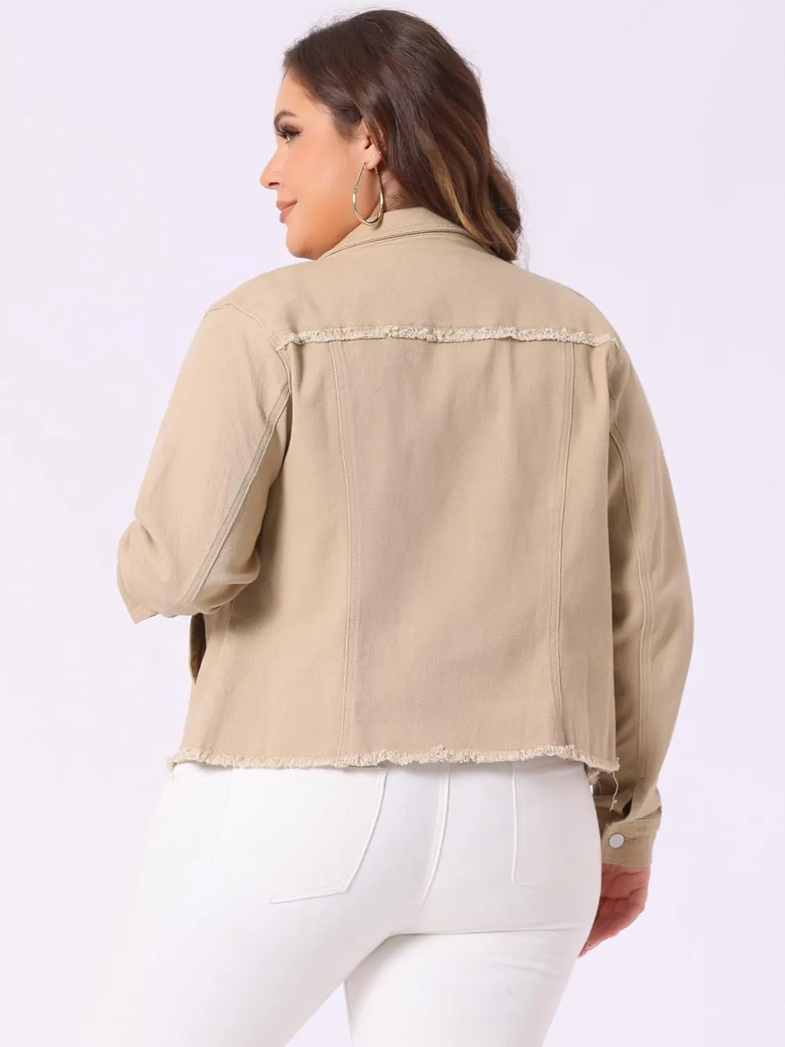 Agnes Orinda Women's Plus Size Classic Washed Front Frayed Denim Jacket
