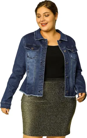 Agnes Orinda Women's Plus Size Classic Washed Front Frayed Denim Jacket