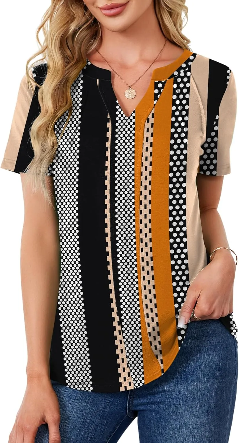AKEWEI Short Sleeve Blouses for Women V Neck T Shirts Pleated Summer Dressy Casual Tops