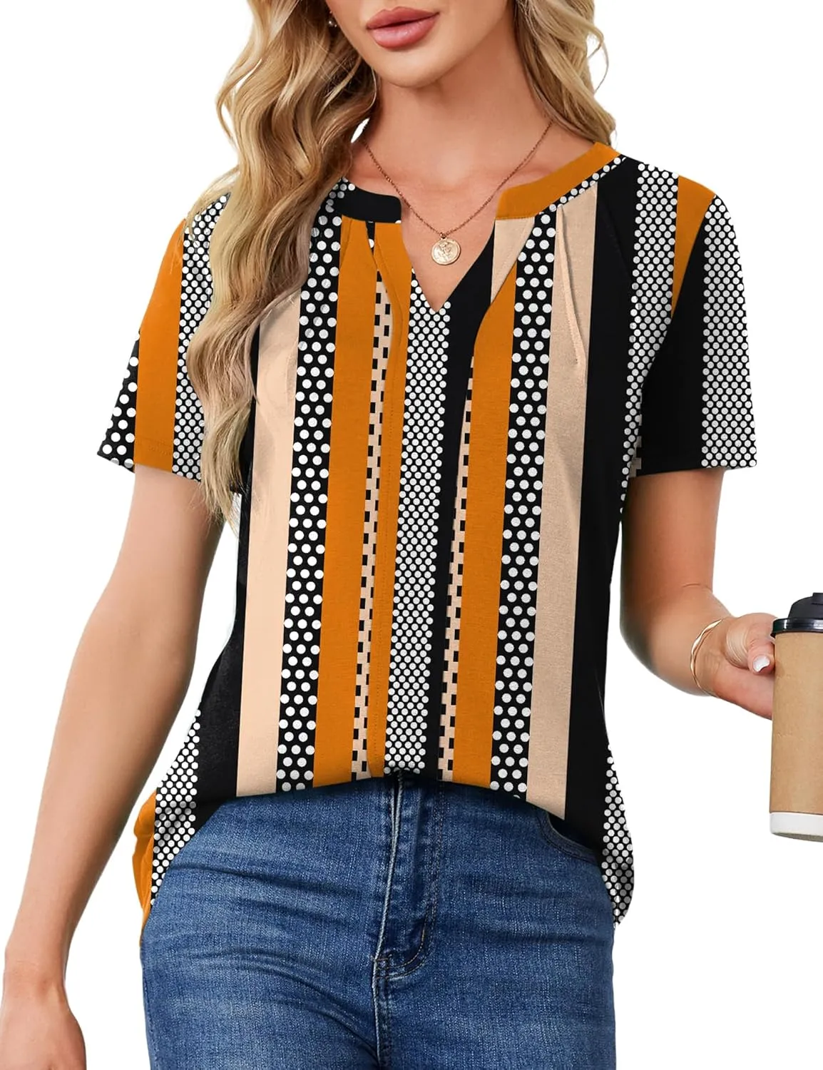 AKEWEI Short Sleeve Blouses for Women V Neck T Shirts Pleated Summer Dressy Casual Tops