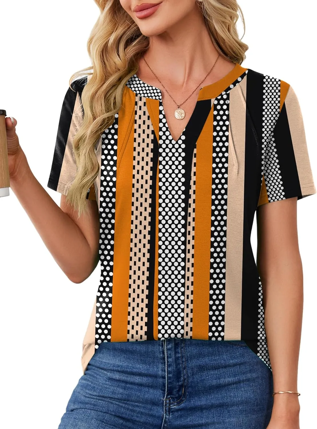 AKEWEI Short Sleeve Blouses for Women V Neck T Shirts Pleated Summer Dressy Casual Tops