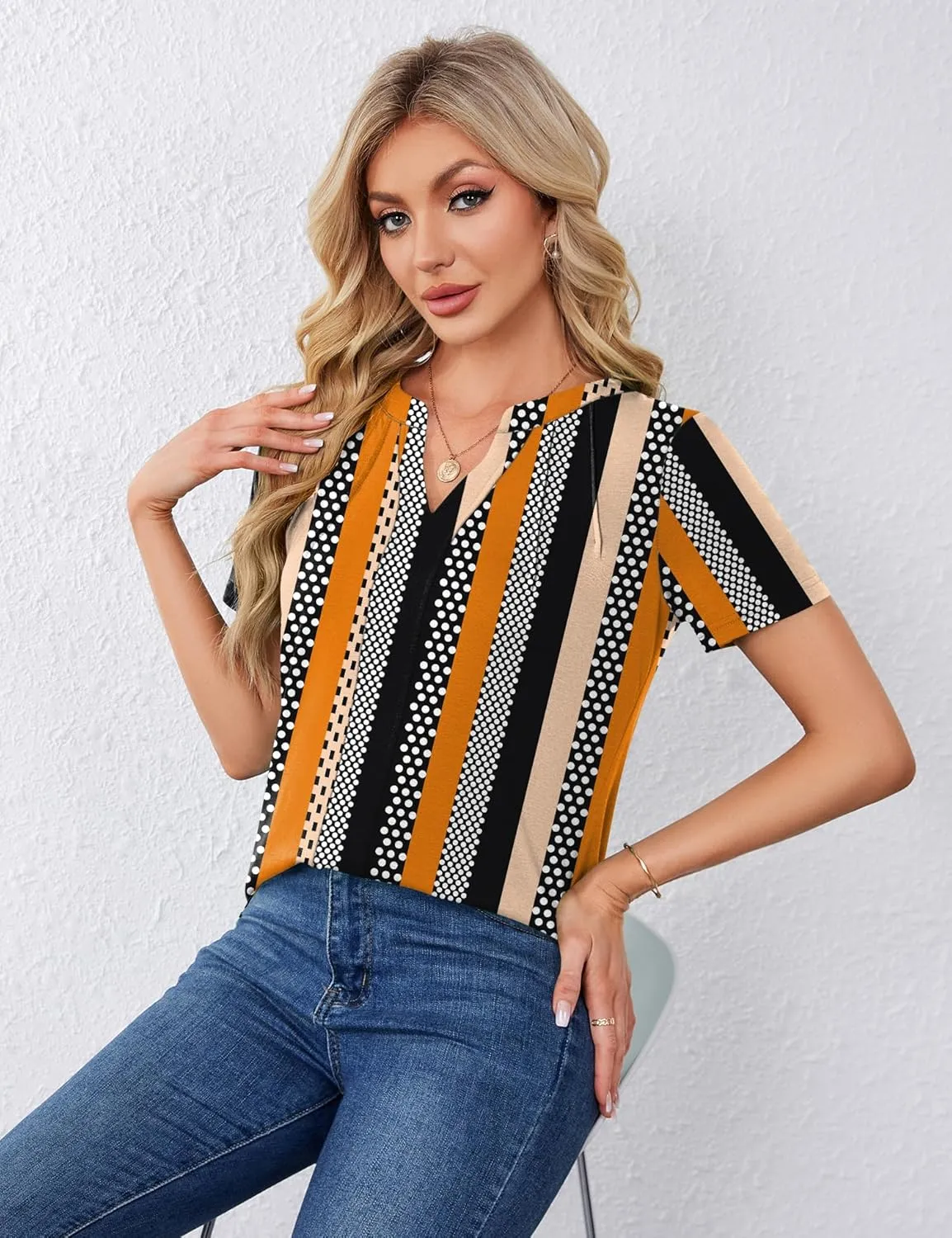 AKEWEI Short Sleeve Blouses for Women V Neck T Shirts Pleated Summer Dressy Casual Tops
