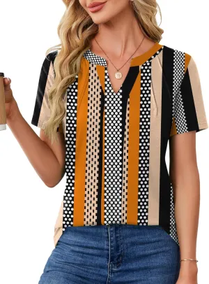 AKEWEI Short Sleeve Blouses for Women V Neck T Shirts Pleated Summer Dressy Casual Tops
