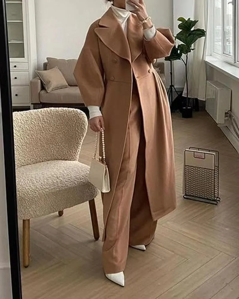 Akivide Womens Double Breasted Long Pea Coats Lapel Lantern Sleeve Maxi Trench Coats Fall Winter Wool Blend Overcoat