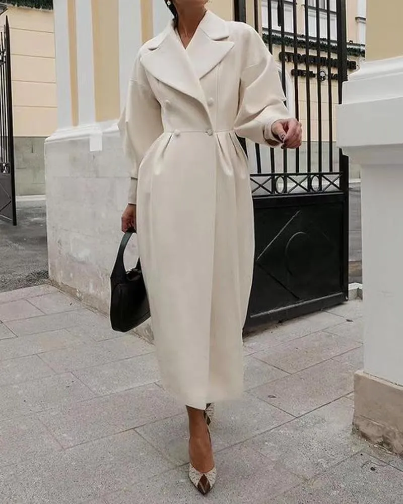 Akivide Womens Double Breasted Long Pea Coats Lapel Lantern Sleeve Maxi Trench Coats Fall Winter Wool Blend Overcoat